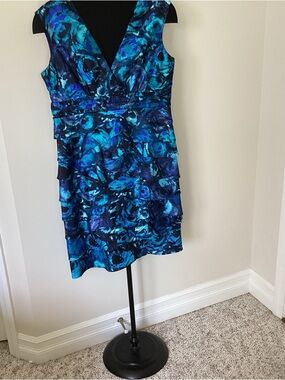 Roulette Teal &‎ Navy Floral V-Neck ruffle dress